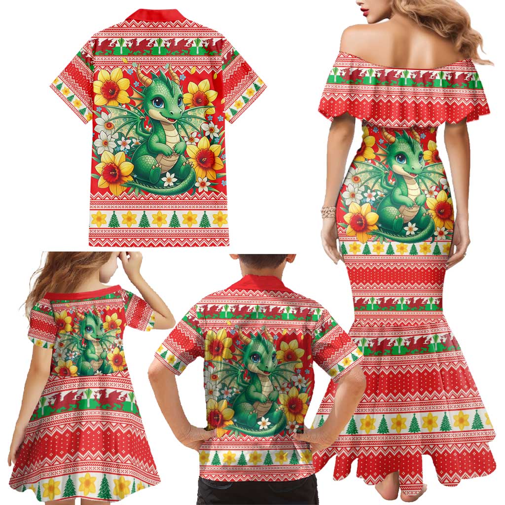 Wales Christmas Family Matching Mermaid Dress and Hawaiian Shirt Cute Green Welsh Dragon and Daffodils - Wonder Print Shop
