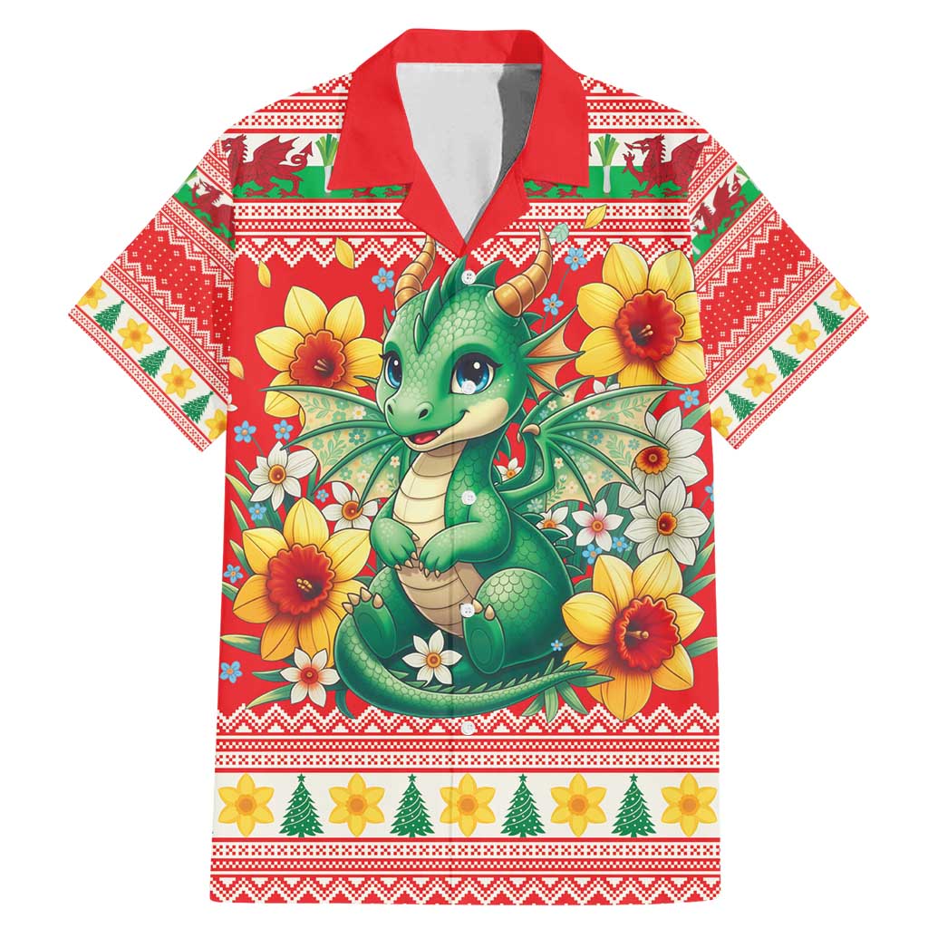 Wales Christmas Family Matching Mermaid Dress and Hawaiian Shirt Cute Green Welsh Dragon and Daffodils - Wonder Print Shop