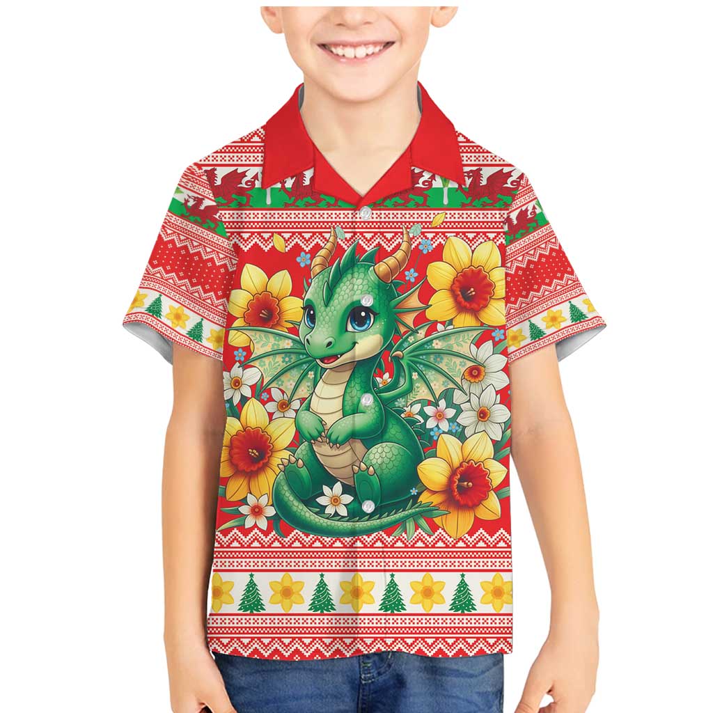 Wales Christmas Family Matching Mermaid Dress and Hawaiian Shirt Cute Green Welsh Dragon and Daffodils - Wonder Print Shop