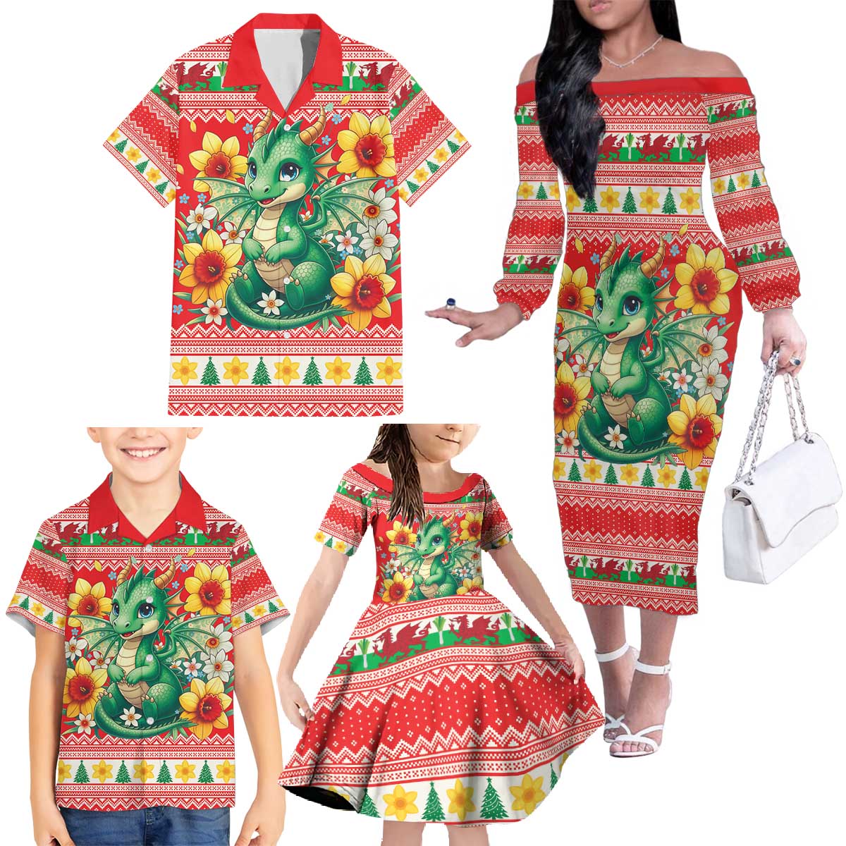 Wales Christmas Family Matching Off The Shoulder Long Sleeve Dress and Hawaiian Shirt Cute Green Welsh Dragon and Daffodils - Wonder Print Shop
