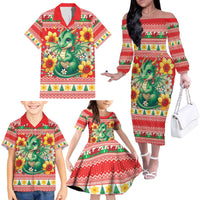 Wales Christmas Family Matching Off The Shoulder Long Sleeve Dress and Hawaiian Shirt Cute Green Welsh Dragon and Daffodils - Wonder Print Shop