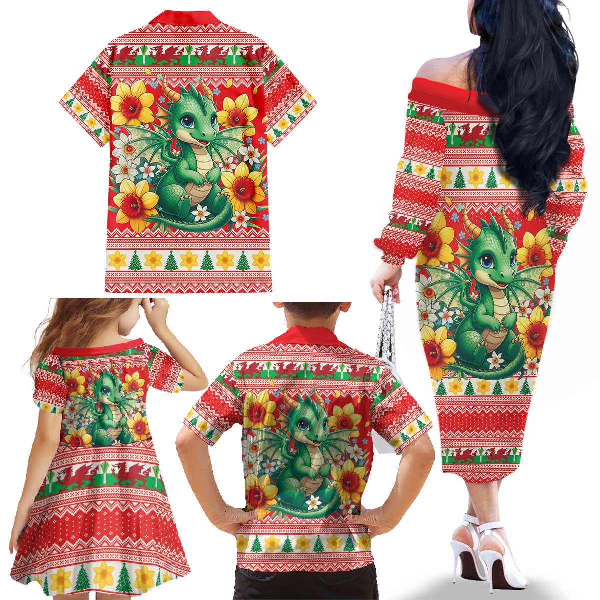 Wales Christmas Family Matching Off The Shoulder Long Sleeve Dress and Hawaiian Shirt Cute Green Welsh Dragon and Daffodils - Wonder Print Shop