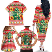 Wales Christmas Family Matching Off The Shoulder Long Sleeve Dress and Hawaiian Shirt Cute Green Welsh Dragon and Daffodils - Wonder Print Shop