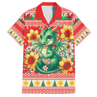 Wales Christmas Family Matching Off The Shoulder Long Sleeve Dress and Hawaiian Shirt Cute Green Welsh Dragon and Daffodils - Wonder Print Shop