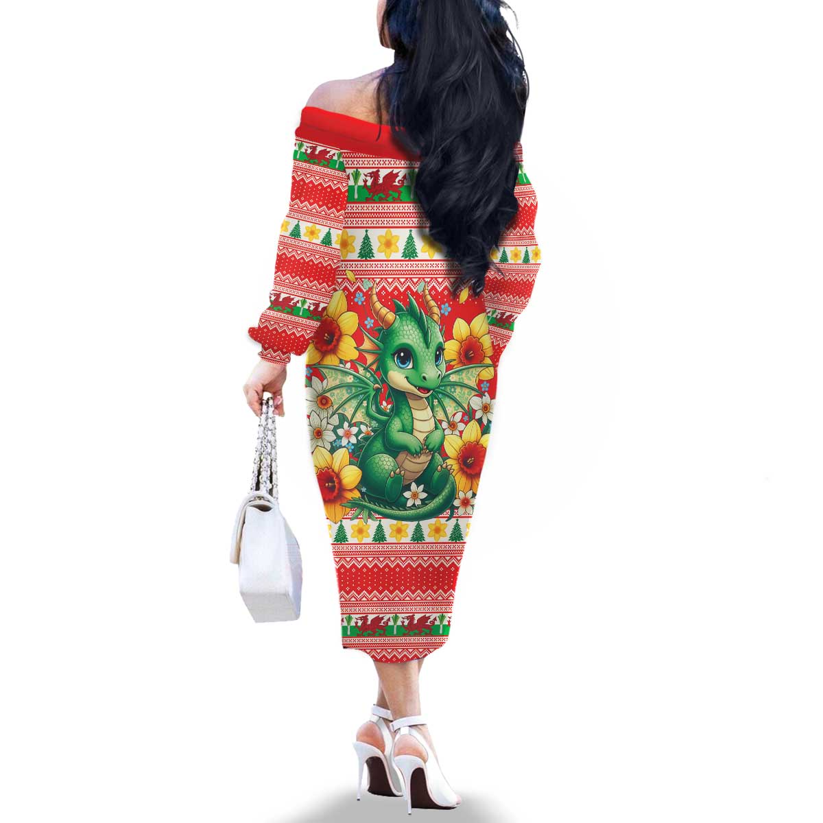 Wales Christmas Family Matching Off The Shoulder Long Sleeve Dress and Hawaiian Shirt Cute Green Welsh Dragon and Daffodils - Wonder Print Shop