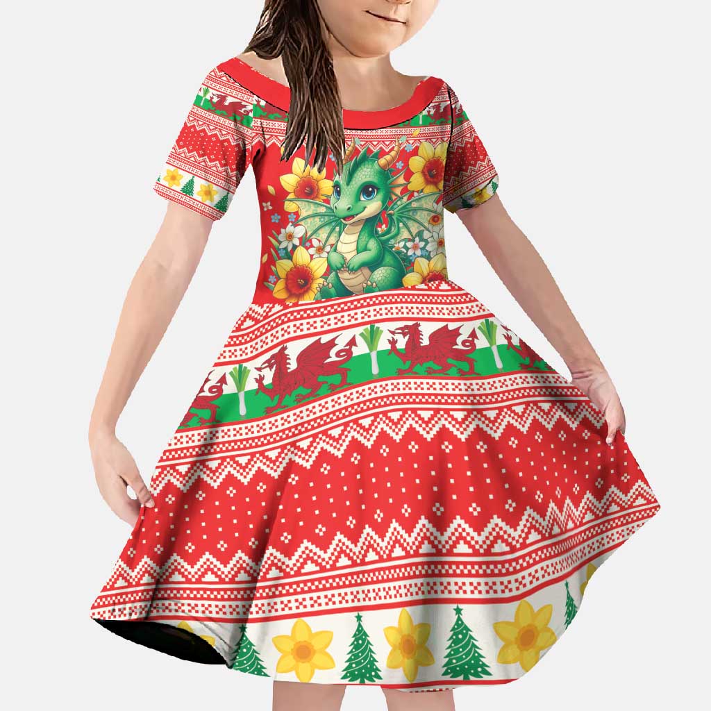 Wales Christmas Family Matching Off Shoulder Maxi Dress and Hawaiian Shirt Cute Green Welsh Dragon and Daffodils - Wonder Print Shop