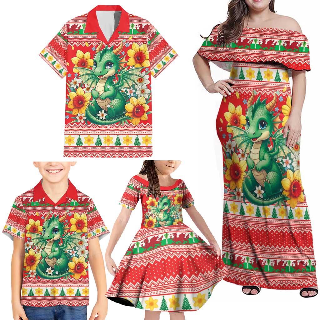 Wales Christmas Family Matching Off Shoulder Maxi Dress and Hawaiian Shirt Cute Green Welsh Dragon and Daffodils - Wonder Print Shop