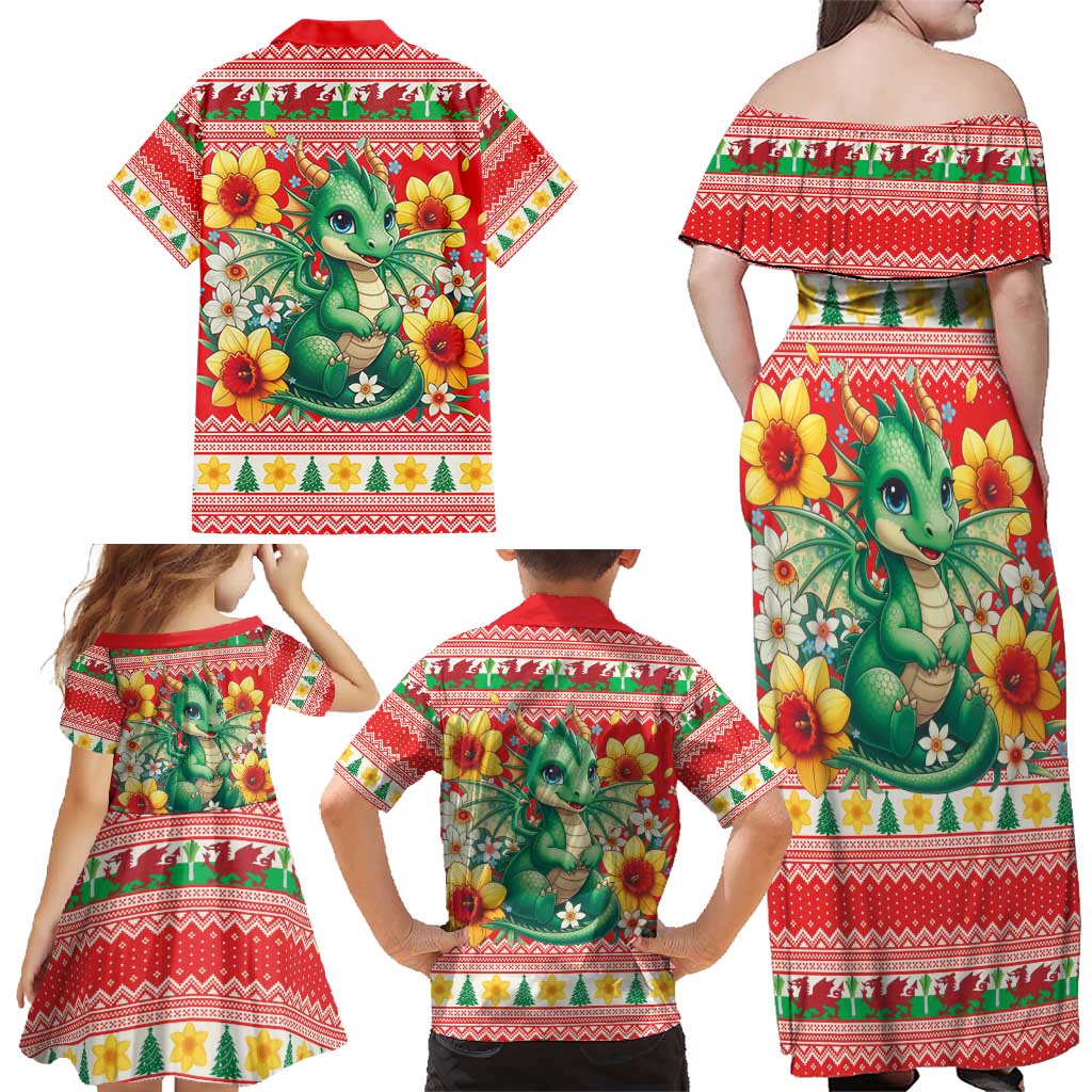 Wales Christmas Family Matching Off Shoulder Maxi Dress and Hawaiian Shirt Cute Green Welsh Dragon and Daffodils - Wonder Print Shop