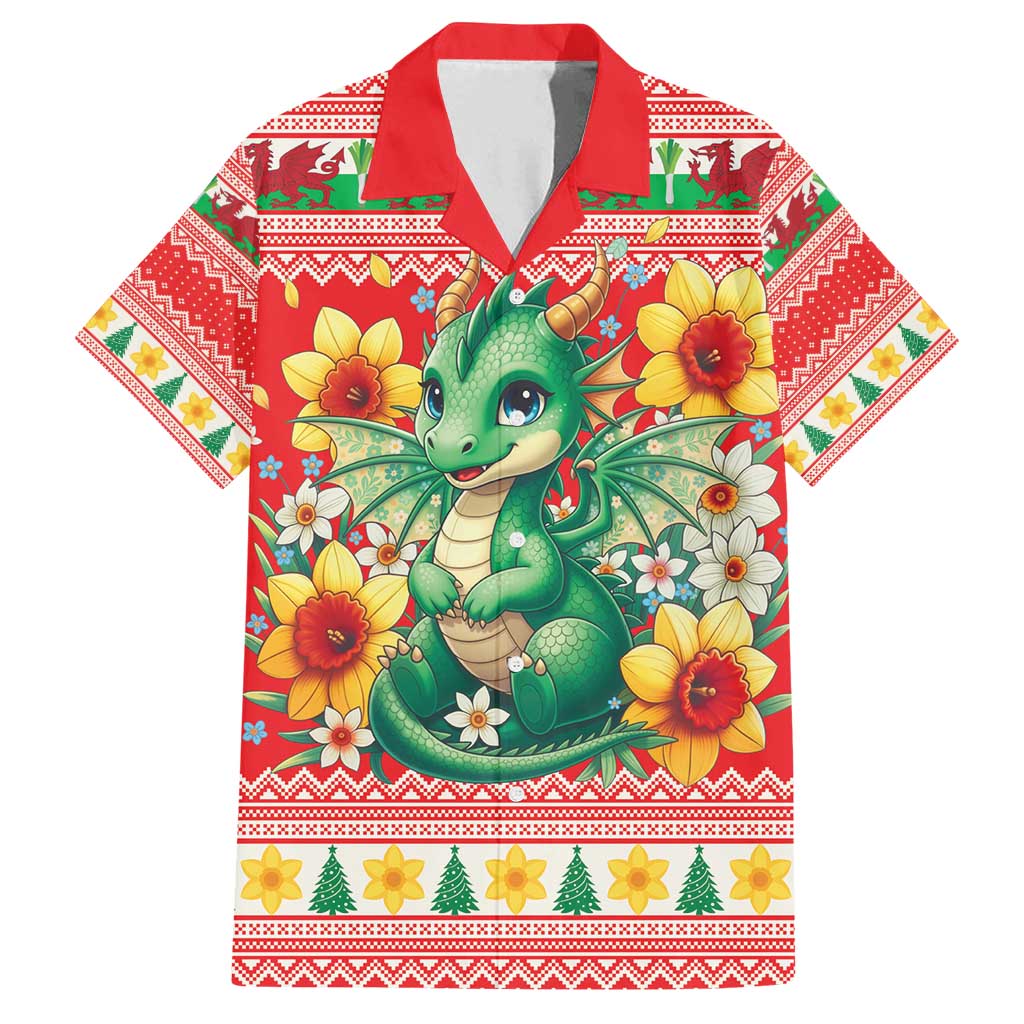 Wales Christmas Family Matching Off Shoulder Maxi Dress and Hawaiian Shirt Cute Green Welsh Dragon and Daffodils - Wonder Print Shop