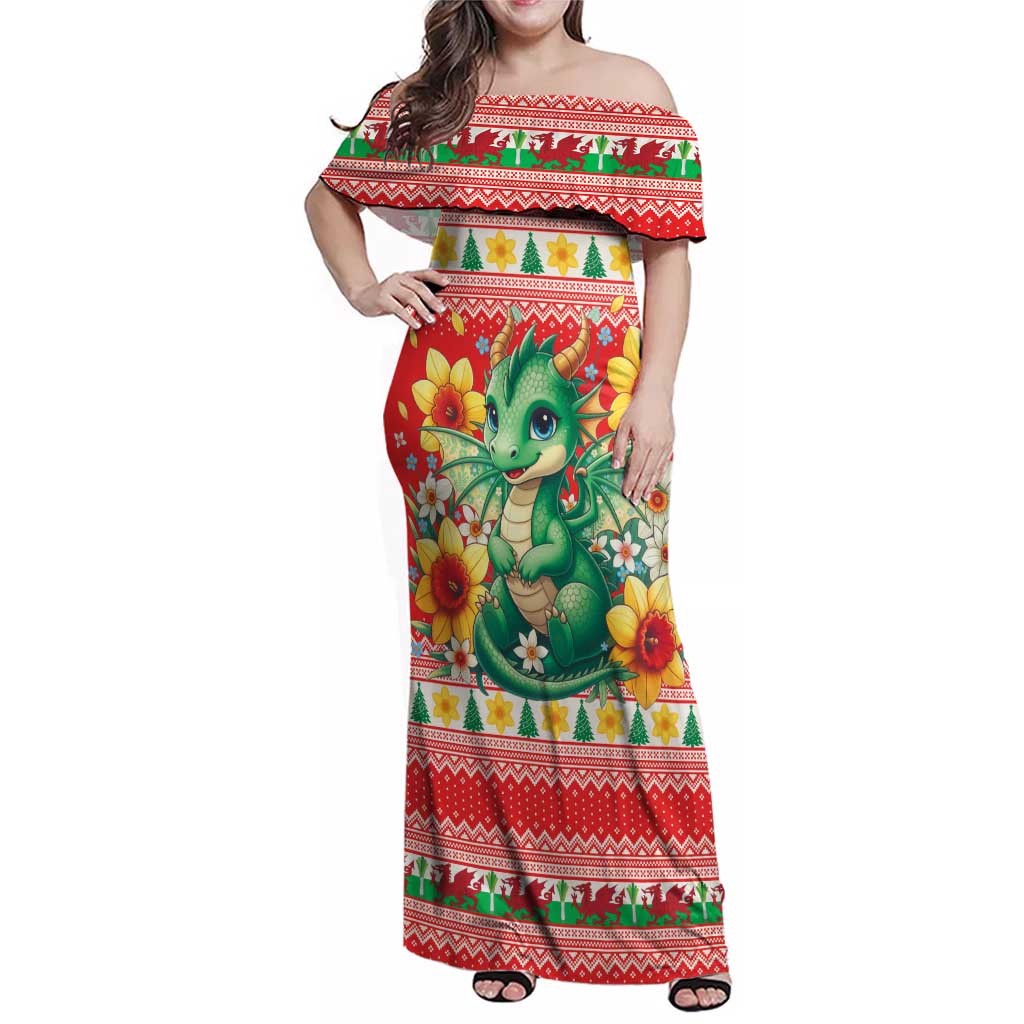 Wales Christmas Family Matching Off Shoulder Maxi Dress and Hawaiian Shirt Cute Green Welsh Dragon and Daffodils - Wonder Print Shop