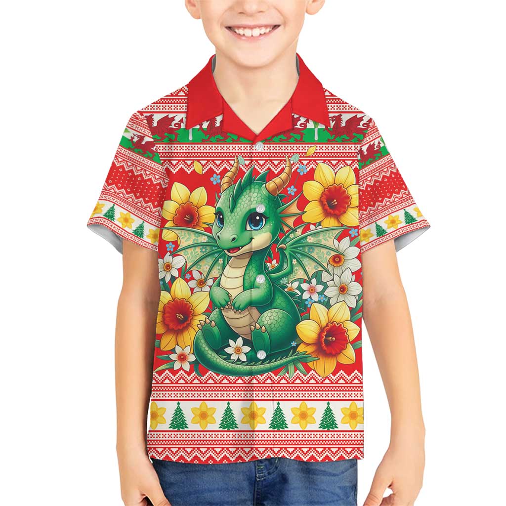 Wales Christmas Family Matching Off Shoulder Maxi Dress and Hawaiian Shirt Cute Green Welsh Dragon and Daffodils - Wonder Print Shop
