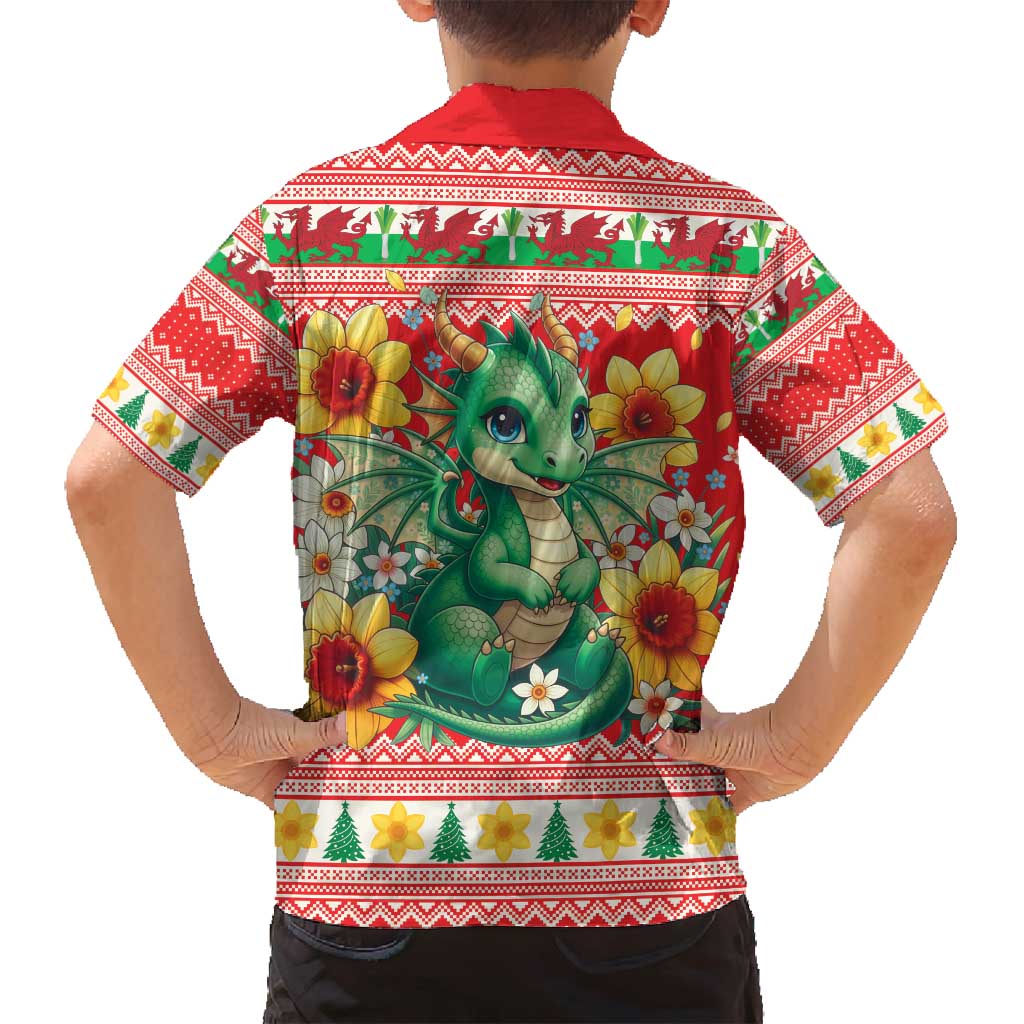 Wales Christmas Family Matching Off Shoulder Short Dress and Hawaiian Shirt Cute Green Welsh Dragon and Daffodils - Wonder Print Shop