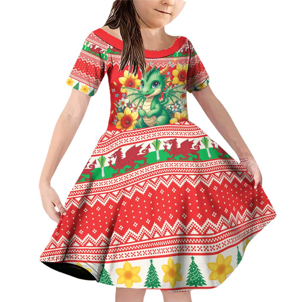 Wales Christmas Family Matching Off Shoulder Short Dress and Hawaiian Shirt Cute Green Welsh Dragon and Daffodils - Wonder Print Shop