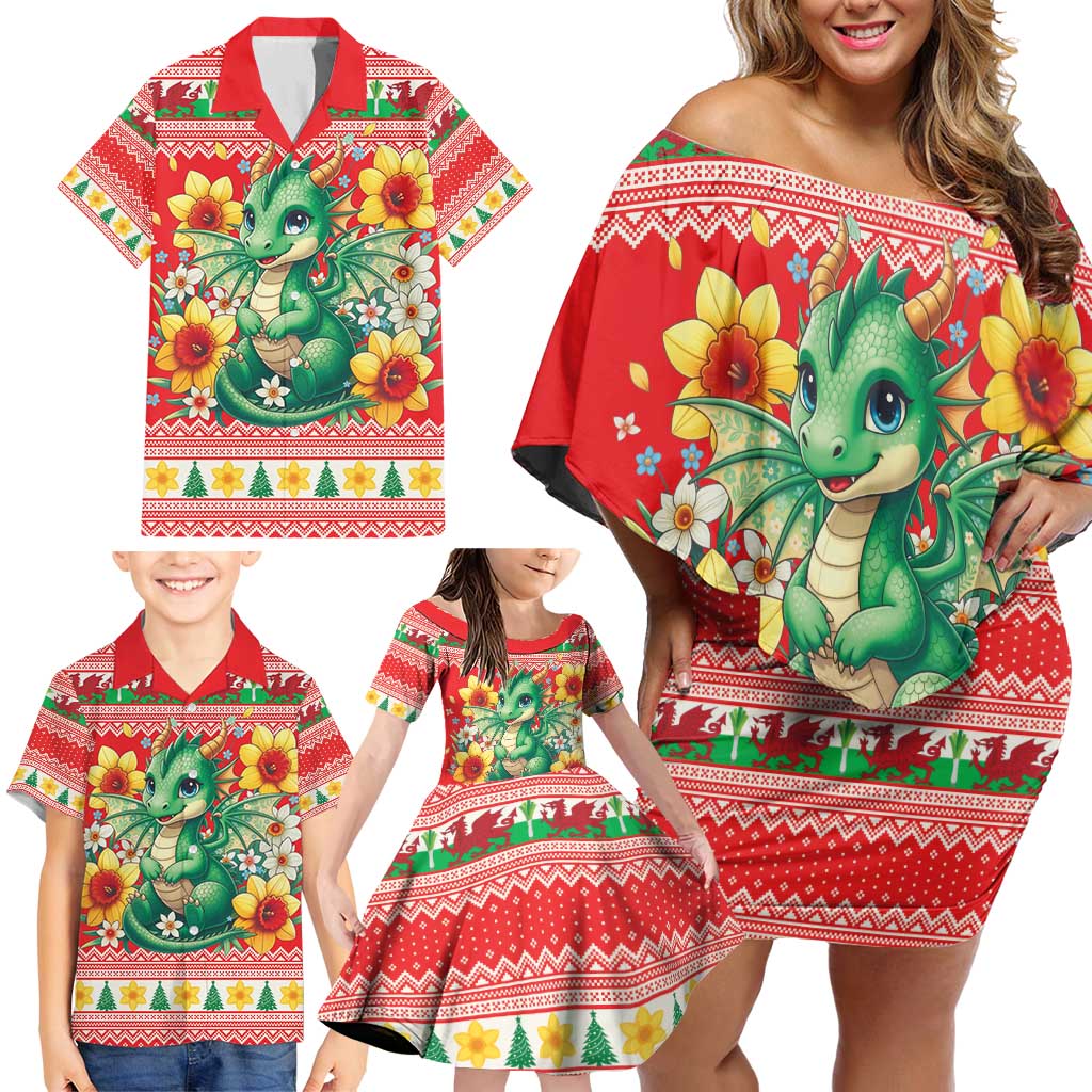 Wales Christmas Family Matching Off Shoulder Short Dress and Hawaiian Shirt Cute Green Welsh Dragon and Daffodils - Wonder Print Shop