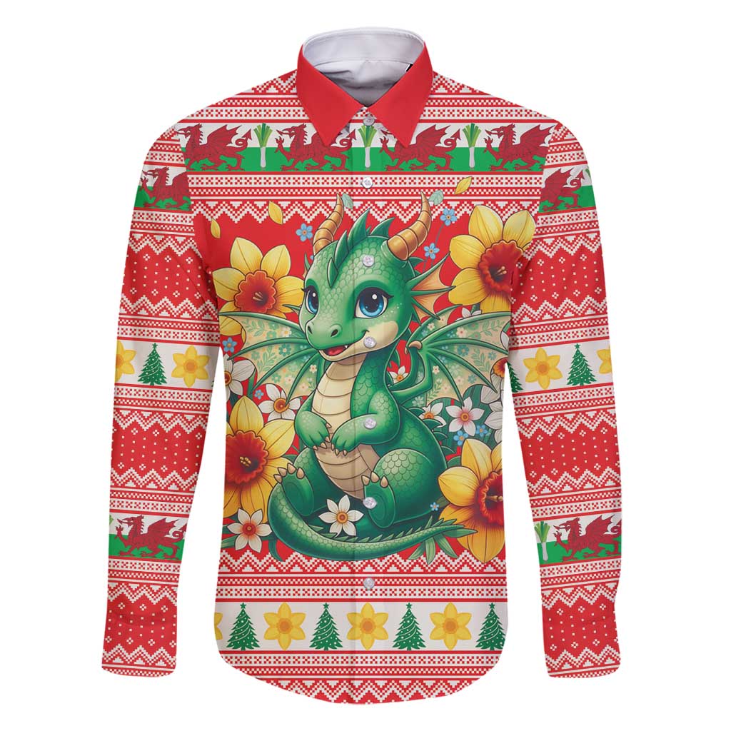 Wales Christmas Family Matching Off Shoulder Short Dress and Hawaiian Shirt Cute Green Welsh Dragon and Daffodils - Wonder Print Shop