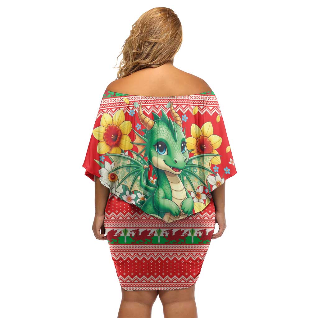 Wales Christmas Family Matching Off Shoulder Short Dress and Hawaiian Shirt Cute Green Welsh Dragon and Daffodils - Wonder Print Shop