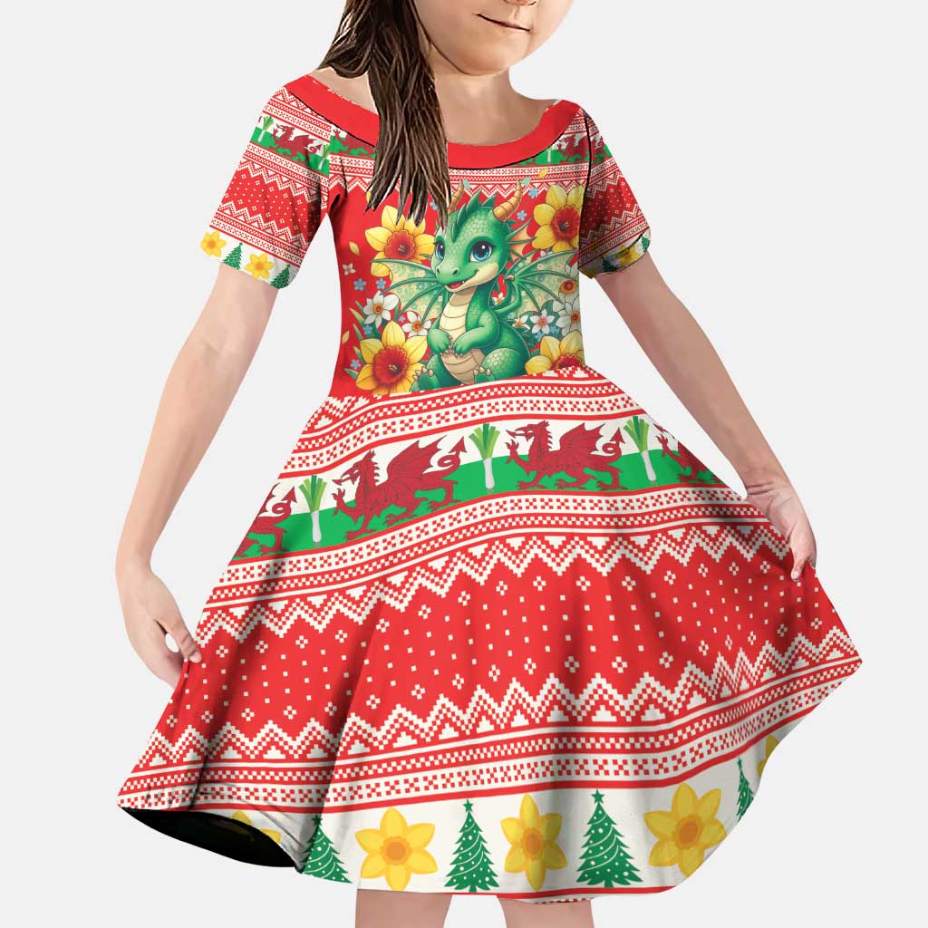 Wales Christmas Family Matching Puletasi and Hawaiian Shirt Cute Green Welsh Dragon and Daffodils - Wonder Print Shop