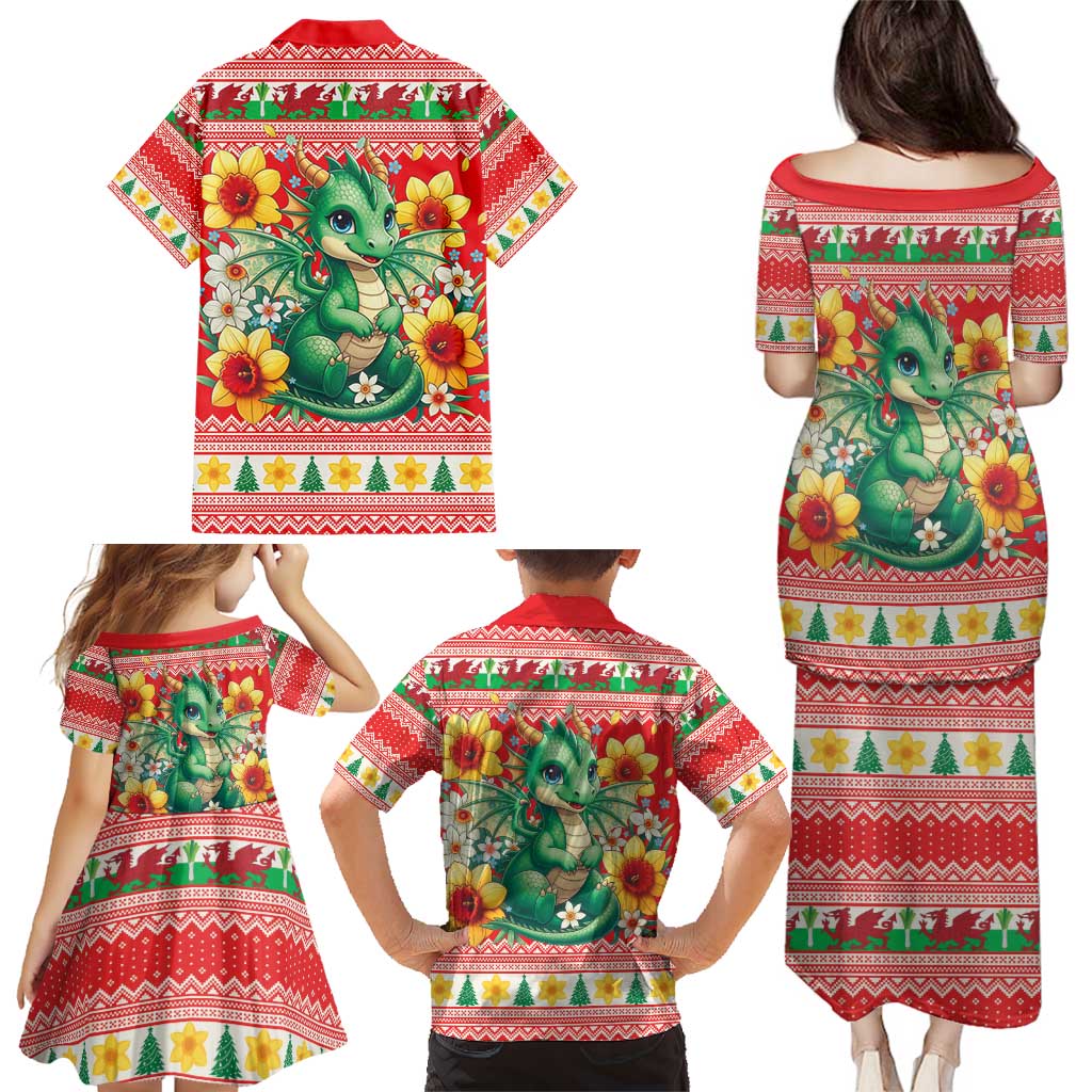 Wales Christmas Family Matching Puletasi and Hawaiian Shirt Cute Green Welsh Dragon and Daffodils - Wonder Print Shop