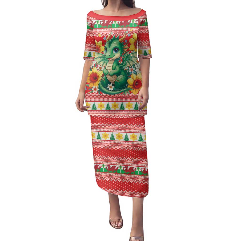 Wales Christmas Family Matching Puletasi and Hawaiian Shirt Cute Green Welsh Dragon and Daffodils - Wonder Print Shop