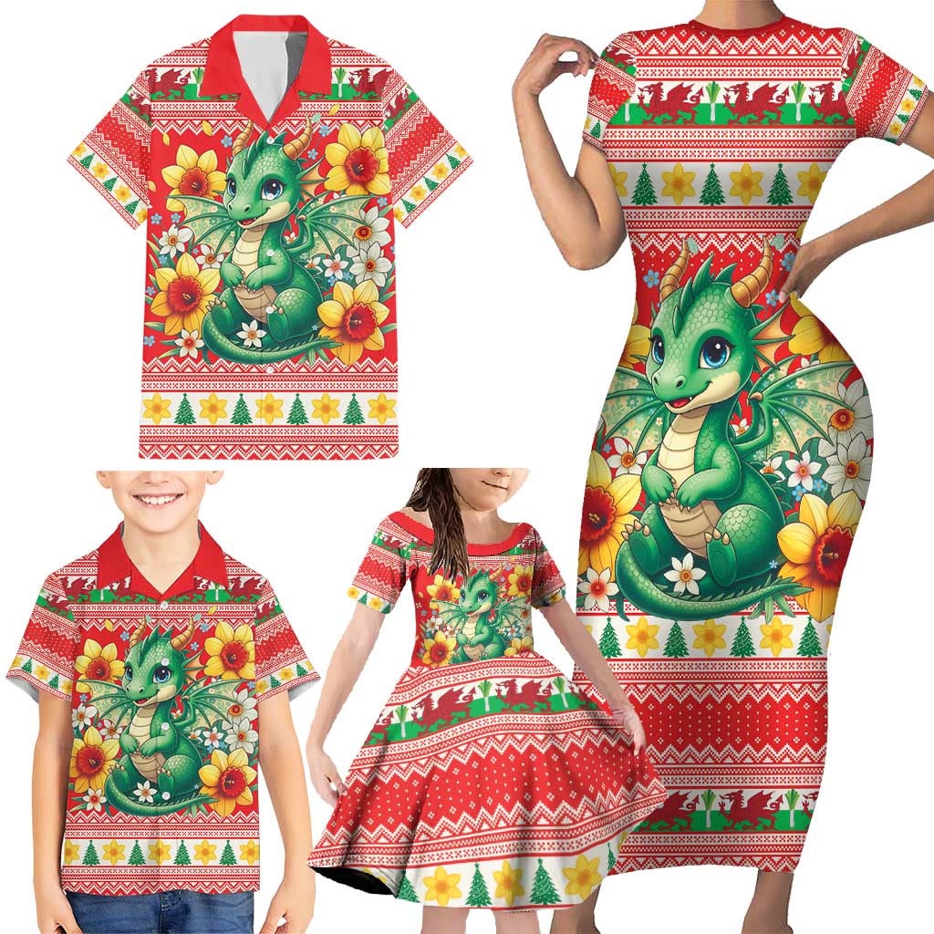 Wales Christmas Family Matching Short Sleeve Bodycon Dress and Hawaiian Shirt Cute Green Welsh Dragon and Daffodils - Wonder Print Shop