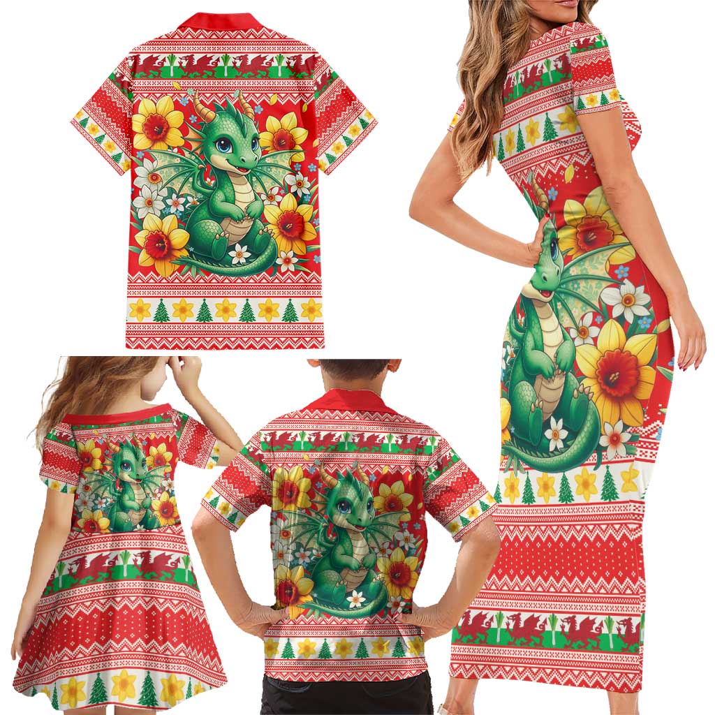 Wales Christmas Family Matching Short Sleeve Bodycon Dress and Hawaiian Shirt Cute Green Welsh Dragon and Daffodils - Wonder Print Shop
