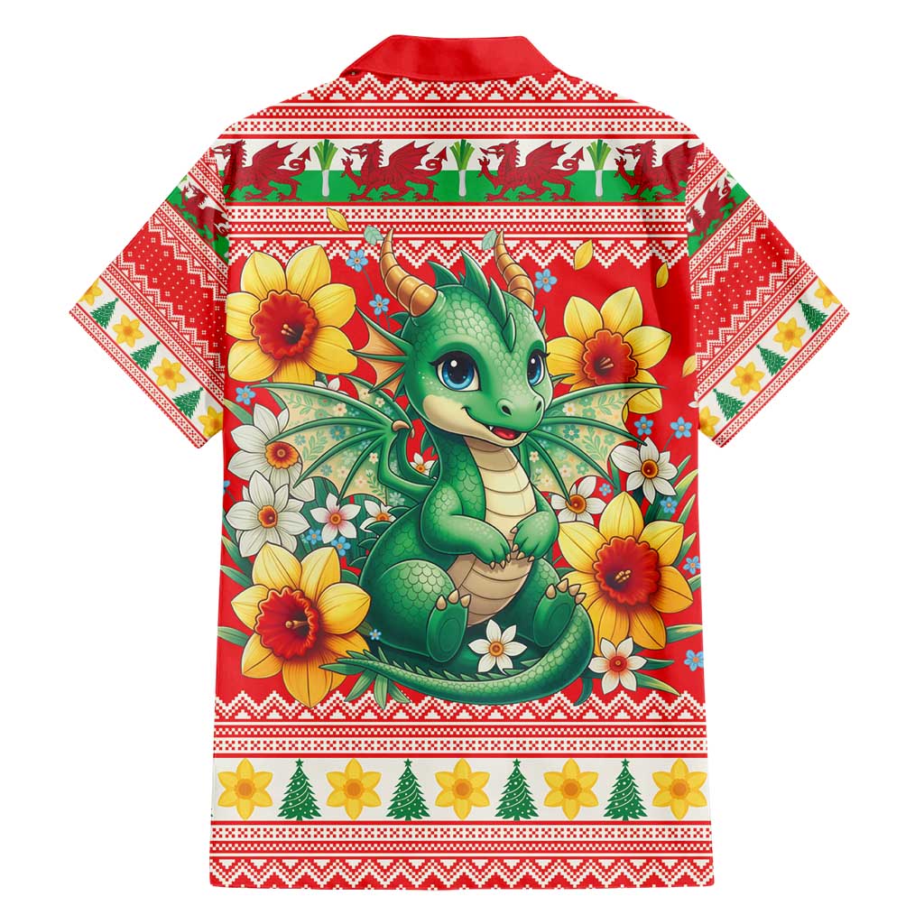 Wales Christmas Family Matching Short Sleeve Bodycon Dress and Hawaiian Shirt Cute Green Welsh Dragon and Daffodils - Wonder Print Shop