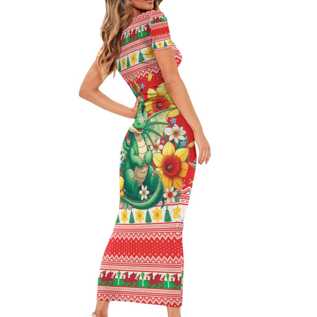 Wales Christmas Family Matching Short Sleeve Bodycon Dress and Hawaiian Shirt Cute Green Welsh Dragon and Daffodils - Wonder Print Shop