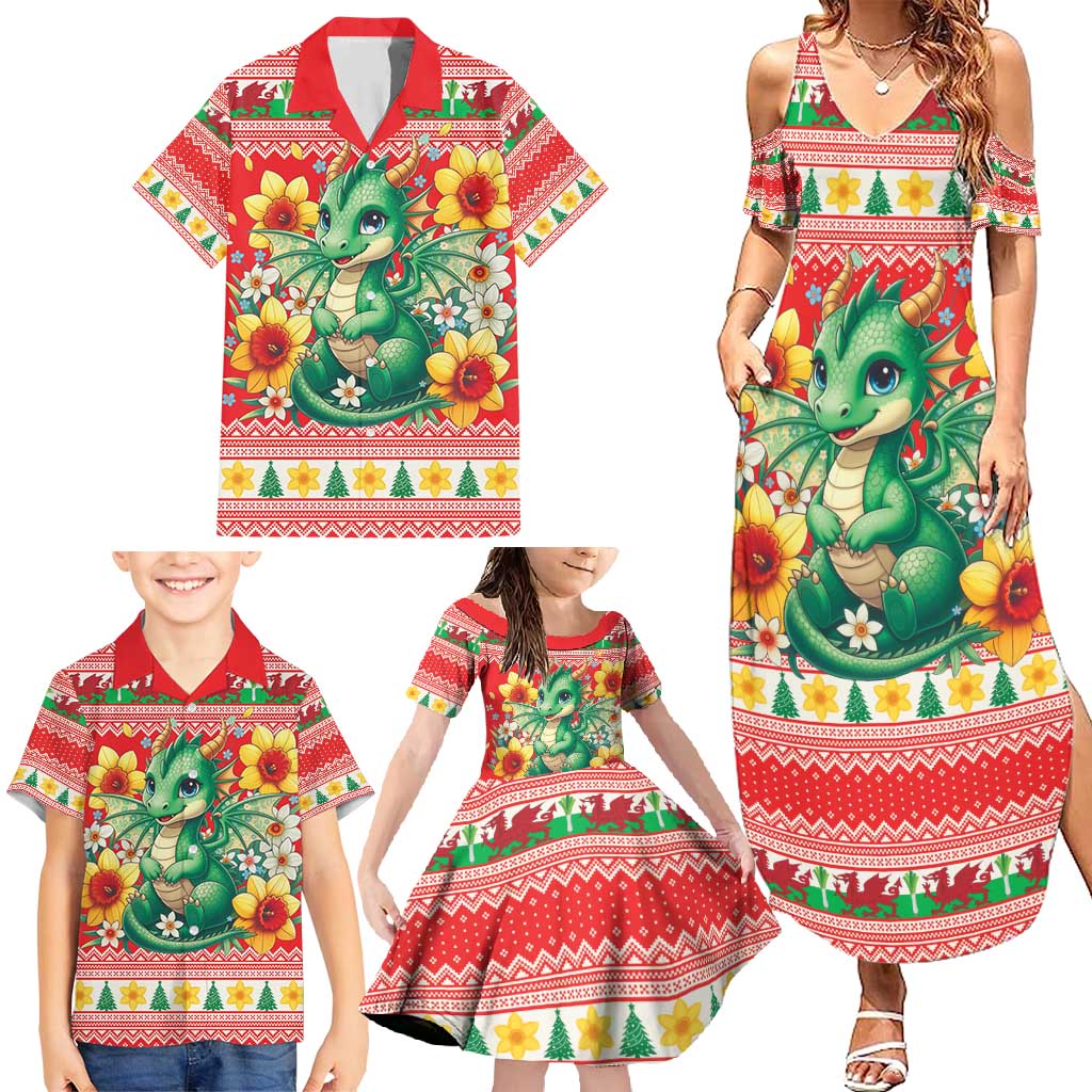 Wales Christmas Family Matching Summer Maxi Dress and Hawaiian Shirt Cute Green Welsh Dragon and Daffodils - Wonder Print Shop