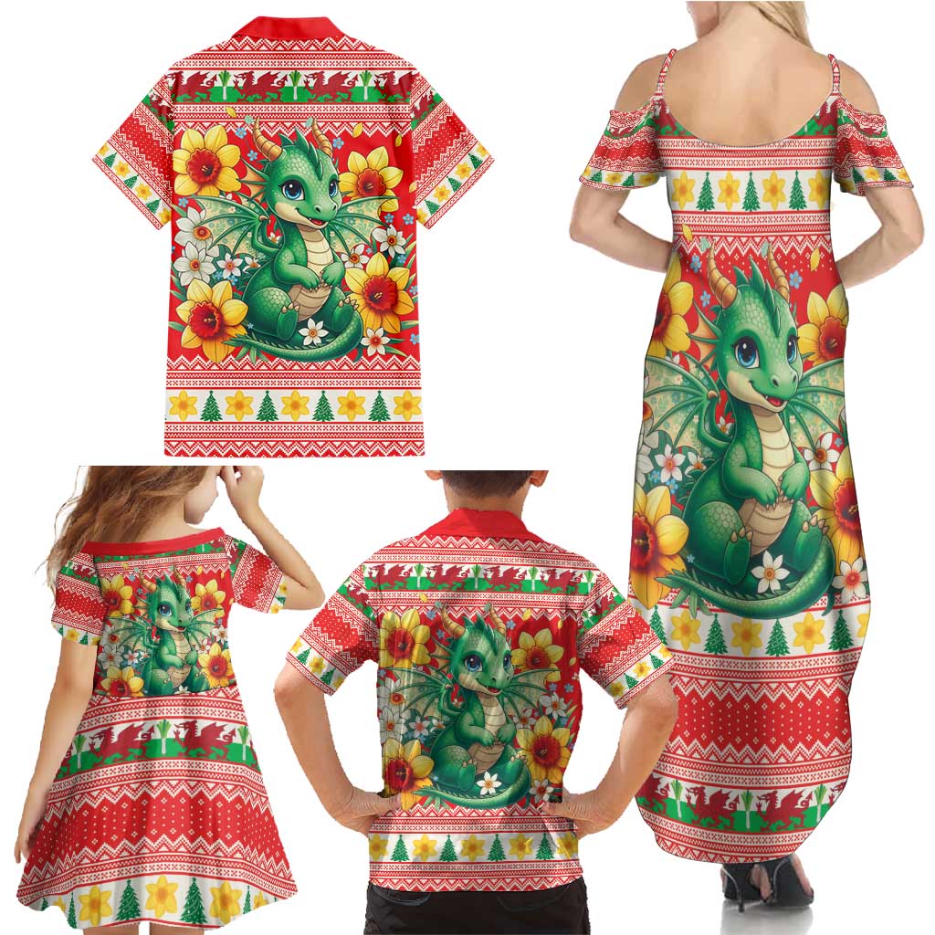 Wales Christmas Family Matching Summer Maxi Dress and Hawaiian Shirt Cute Green Welsh Dragon and Daffodils - Wonder Print Shop