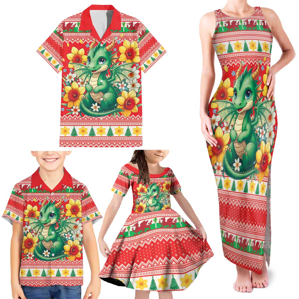 Wales Christmas Family Matching Tank Maxi Dress and Hawaiian Shirt Cute Green Welsh Dragon and Daffodils - Wonder Print Shop