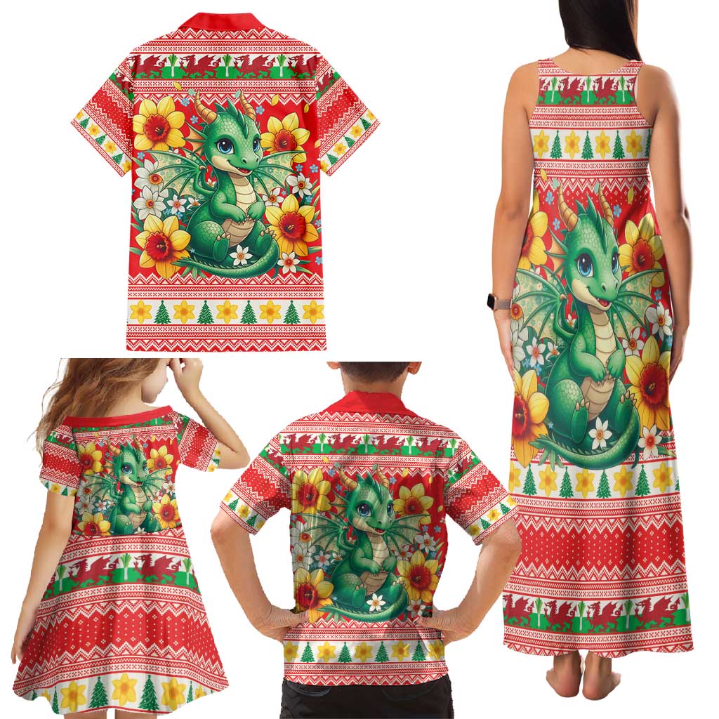 Wales Christmas Family Matching Tank Maxi Dress and Hawaiian Shirt Cute Green Welsh Dragon and Daffodils - Wonder Print Shop