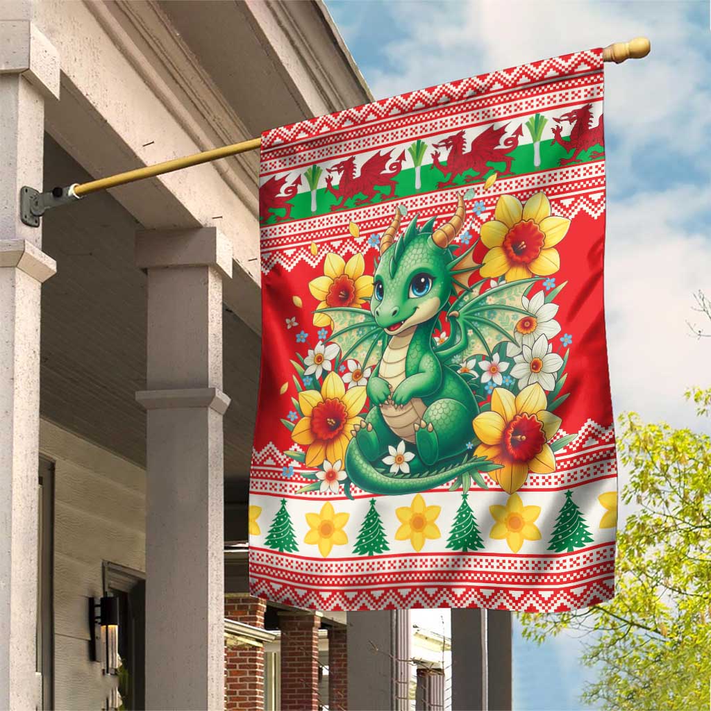Wales Christmas Garden Flag Cute Green Welsh Dragon and Daffodils - Wonder Print Shop