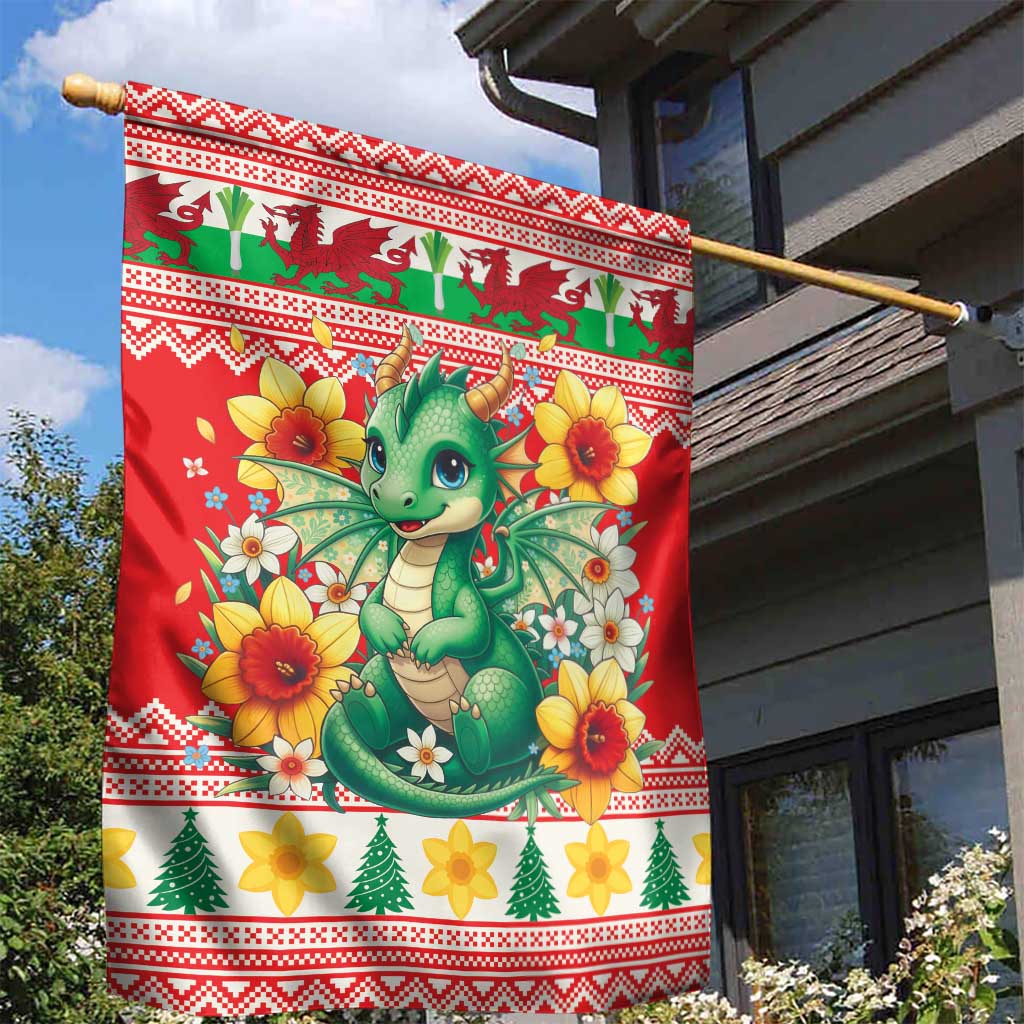 Wales Christmas Garden Flag Cute Green Welsh Dragon and Daffodils - Wonder Print Shop