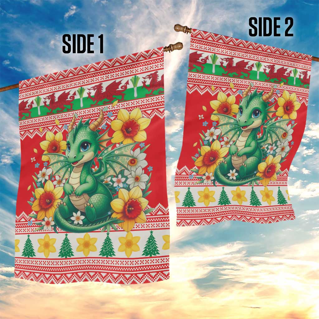 Wales Christmas Garden Flag Cute Green Welsh Dragon and Daffodils - Wonder Print Shop