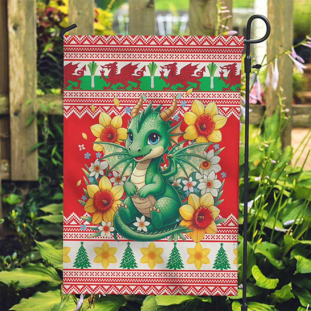 Wales Christmas Garden Flag Cute Green Welsh Dragon and Daffodils - Wonder Print Shop