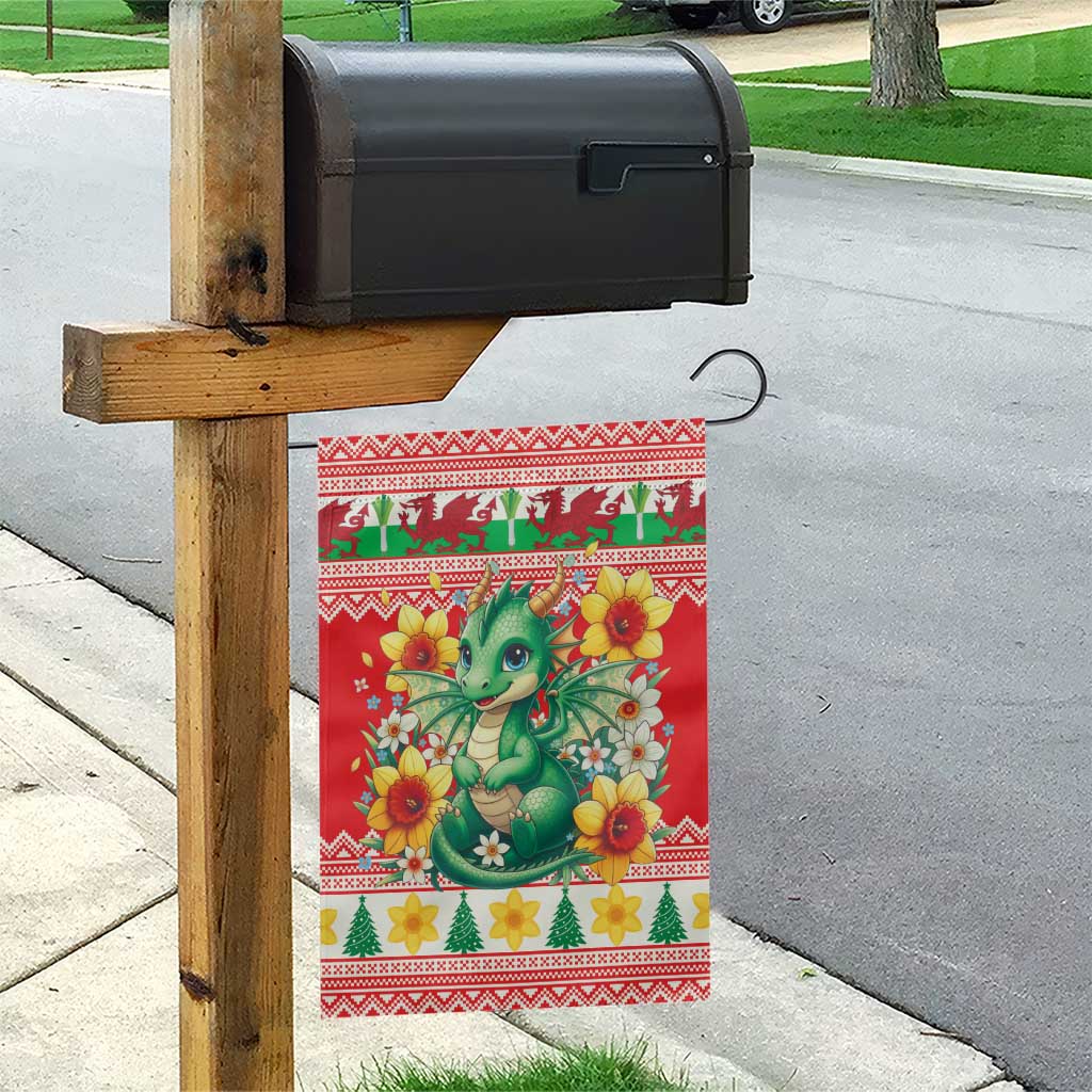 Wales Christmas Garden Flag Cute Green Welsh Dragon and Daffodils - Wonder Print Shop