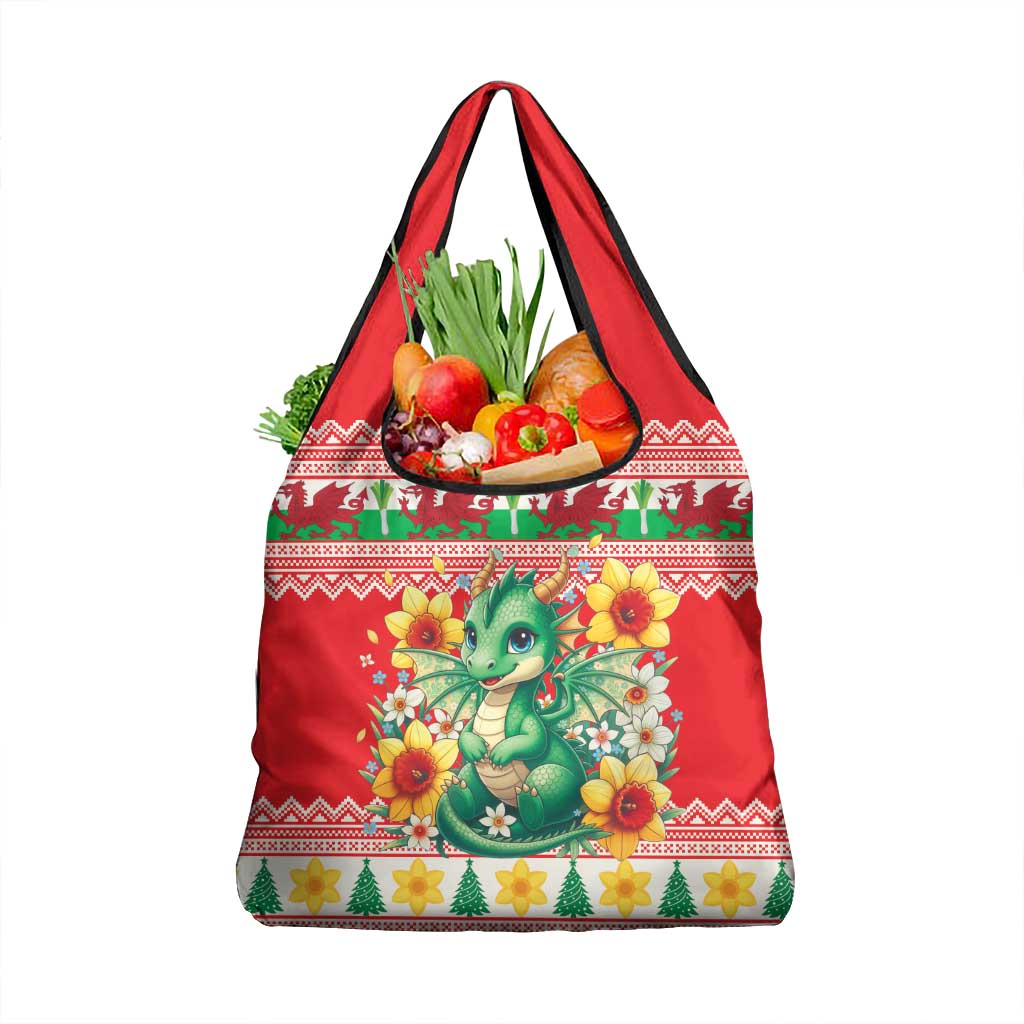 Wales Christmas Grocery Bag Cute Green Welsh Dragon and Daffodils - Wonder Print Shop