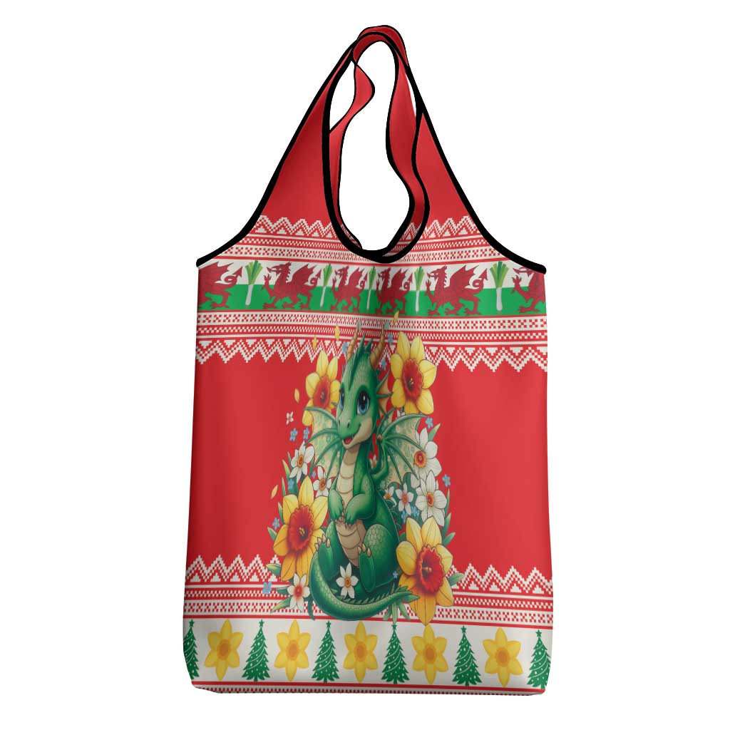 Wales Christmas Grocery Bag Cute Green Welsh Dragon and Daffodils - Wonder Print Shop