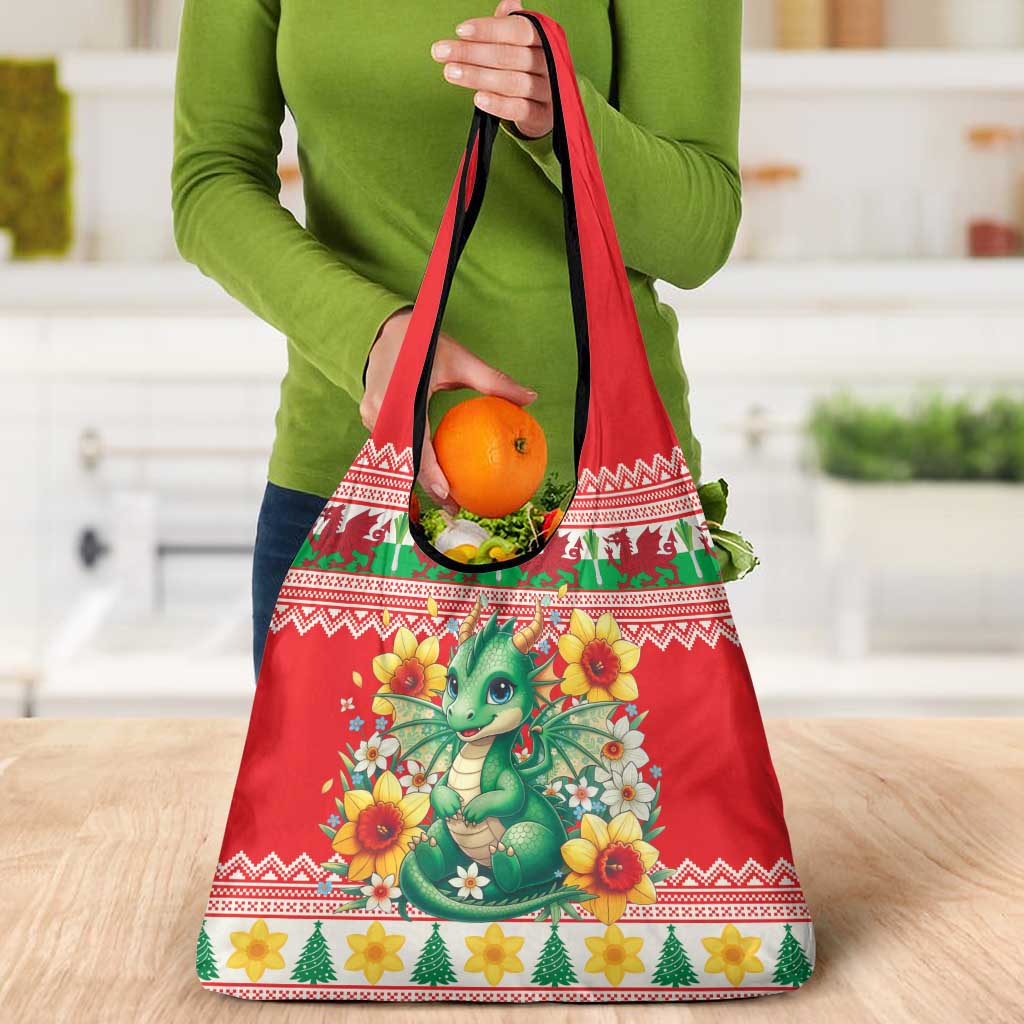 Wales Christmas Grocery Bag Cute Green Welsh Dragon and Daffodils - Wonder Print Shop