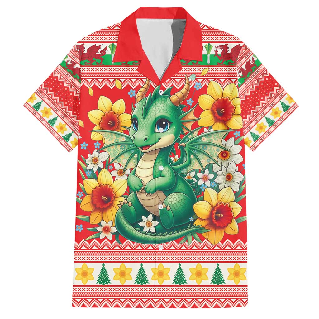 Wales Christmas Hawaiian Shirt Cute Green Welsh Dragon and Daffodils - Wonder Print Shop