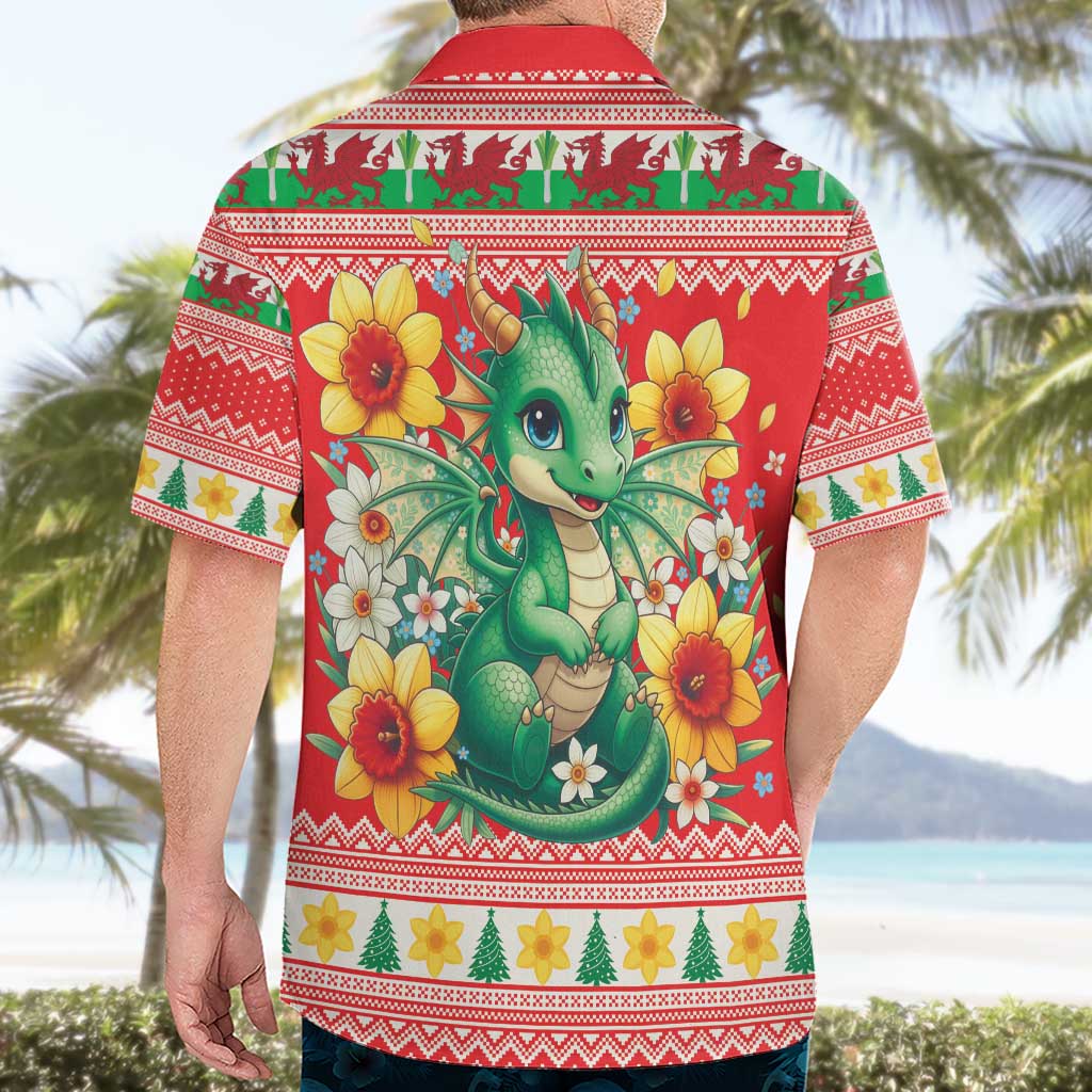 Wales Christmas Hawaiian Shirt Cute Green Welsh Dragon and Daffodils - Wonder Print Shop