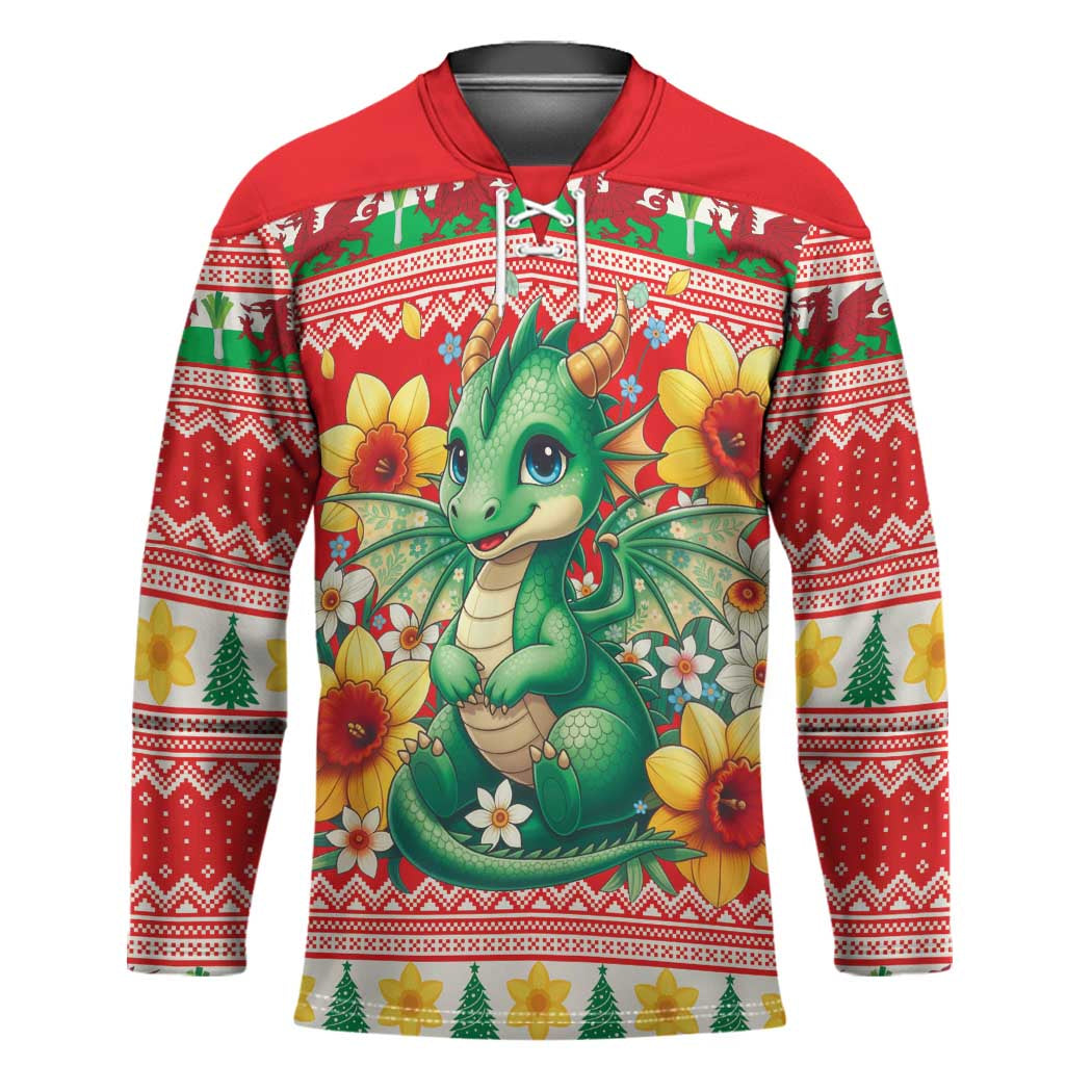Wales Christmas Hockey Jersey Cute Green Welsh Dragon and Daffodils - Wonder Print Shop