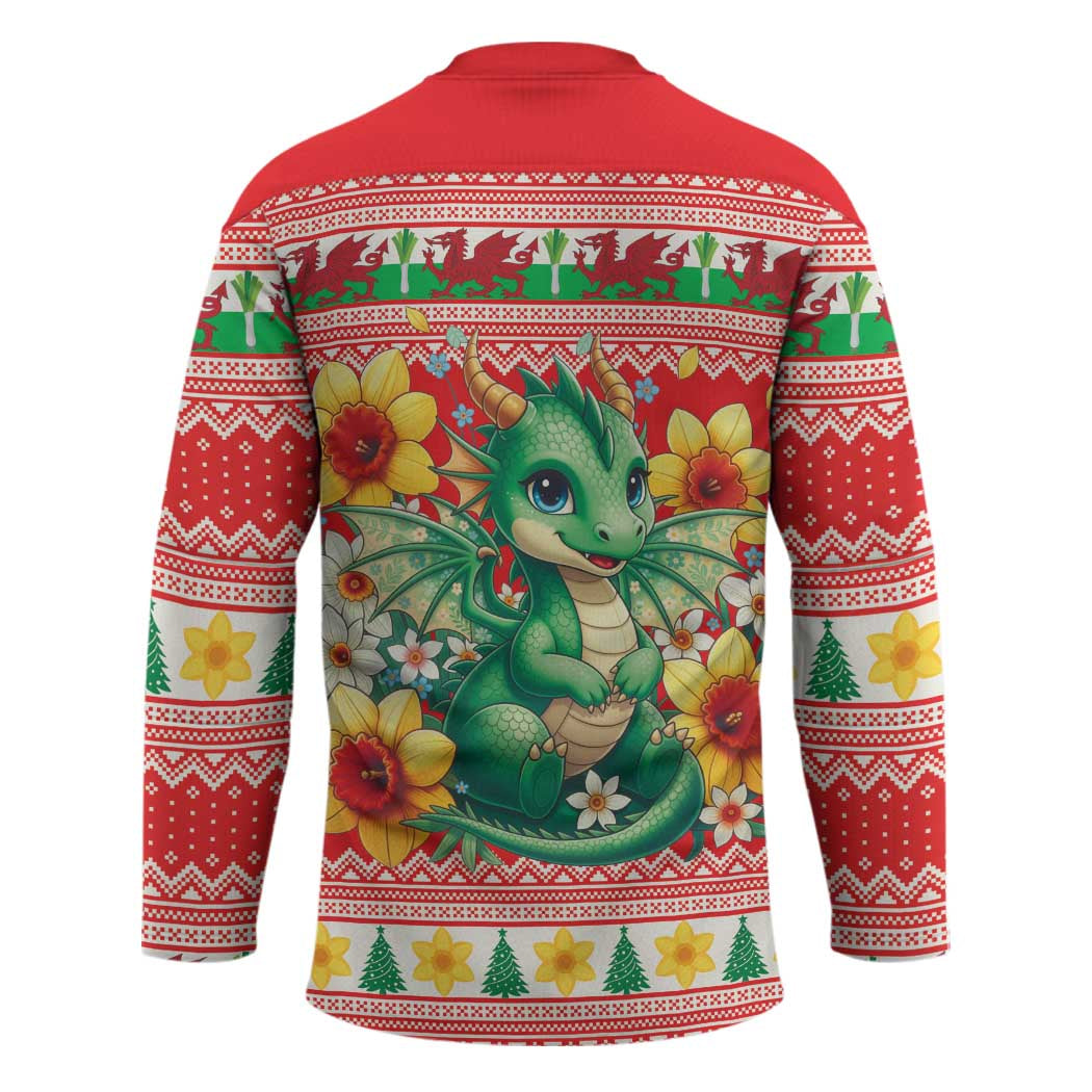 Wales Christmas Hockey Jersey Cute Green Welsh Dragon and Daffodils - Wonder Print Shop