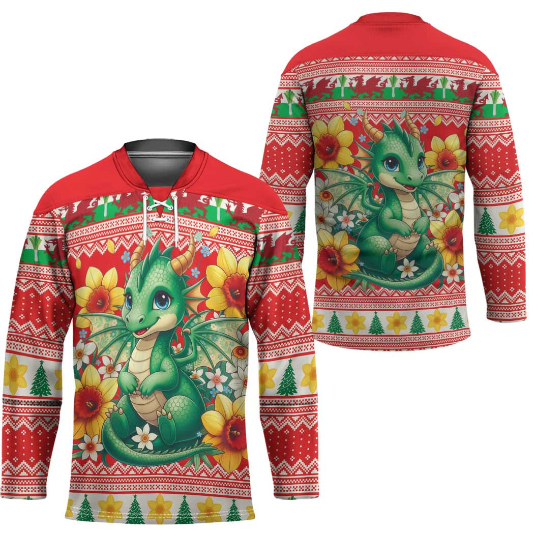 Wales Christmas Hockey Jersey Cute Green Welsh Dragon and Daffodils - Wonder Print Shop
