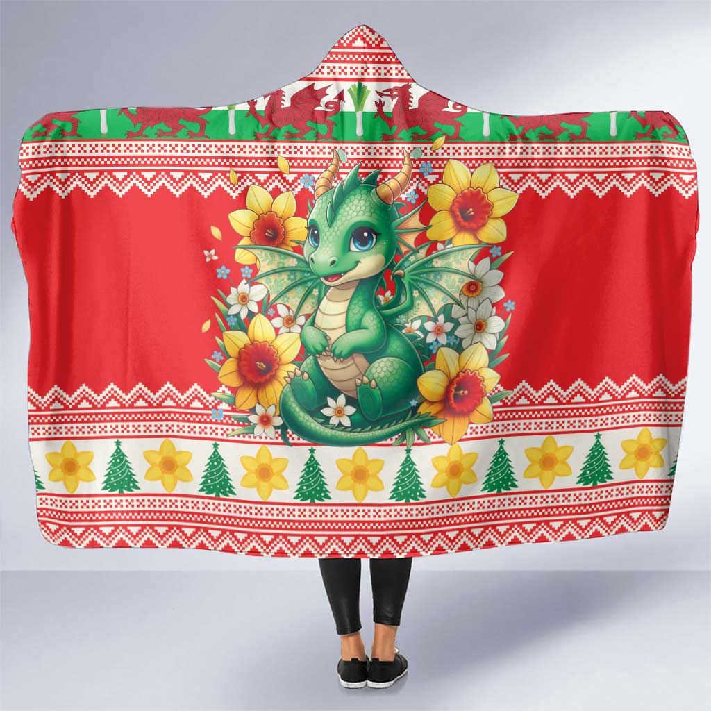 Wales Christmas Hooded Blanket Cute Green Welsh Dragon and Daffodils - Wonder Print Shop