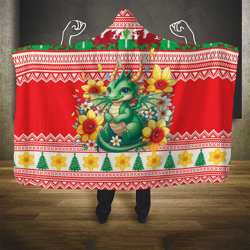 Wales Christmas Hooded Blanket Cute Green Welsh Dragon and Daffodils - Wonder Print Shop