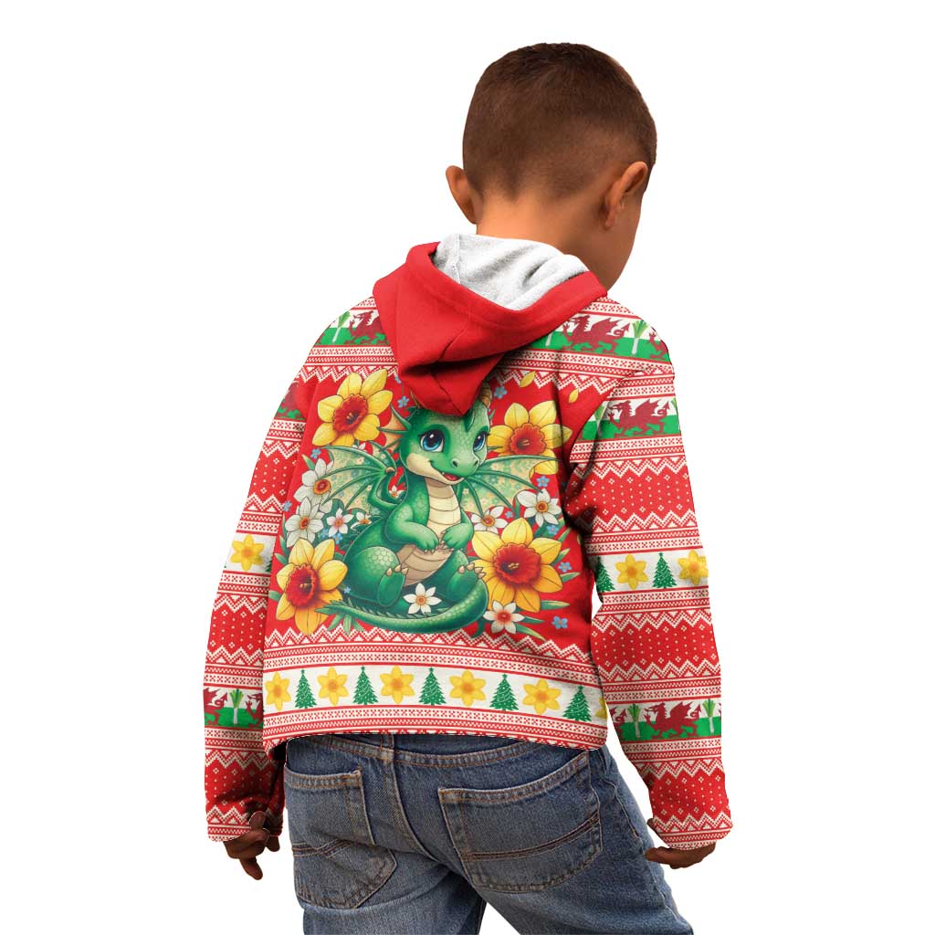 Wales Christmas Kid Hoodie Cute Green Welsh Dragon and Daffodils - Wonder Print Shop