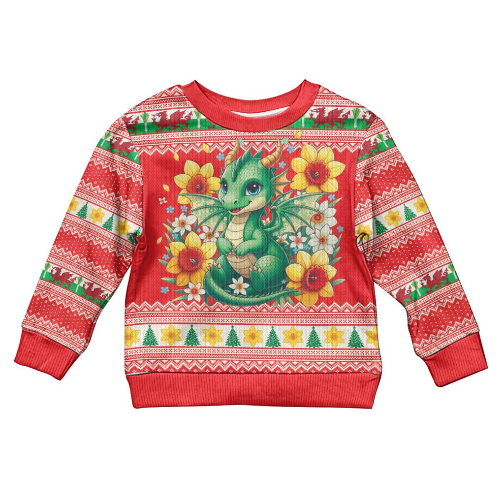 Wales Christmas Kid Ugly Christmas Sweater Cute Green Welsh Dragon and Daffodils - Wonder Print Shop