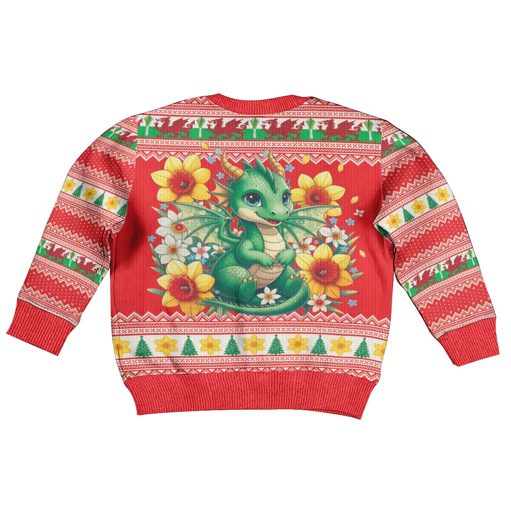 Wales Christmas Kid Ugly Christmas Sweater Cute Green Welsh Dragon and Daffodils - Wonder Print Shop