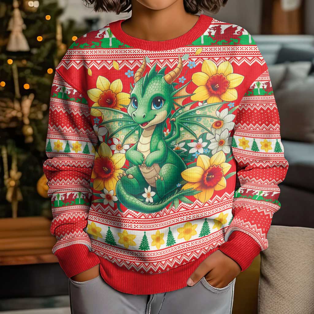 Wales Christmas Kid Ugly Christmas Sweater Cute Green Welsh Dragon and Daffodils - Wonder Print Shop